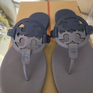 Tory Burch Navy Cutout Logo Thong Sandals